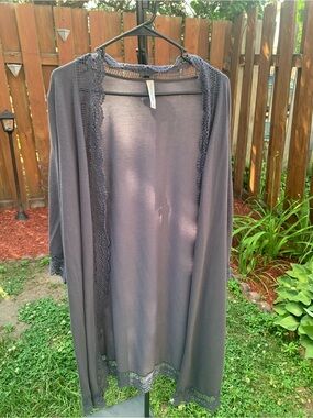 Tickled Teal Gray Knit Top with Crochet Yoke